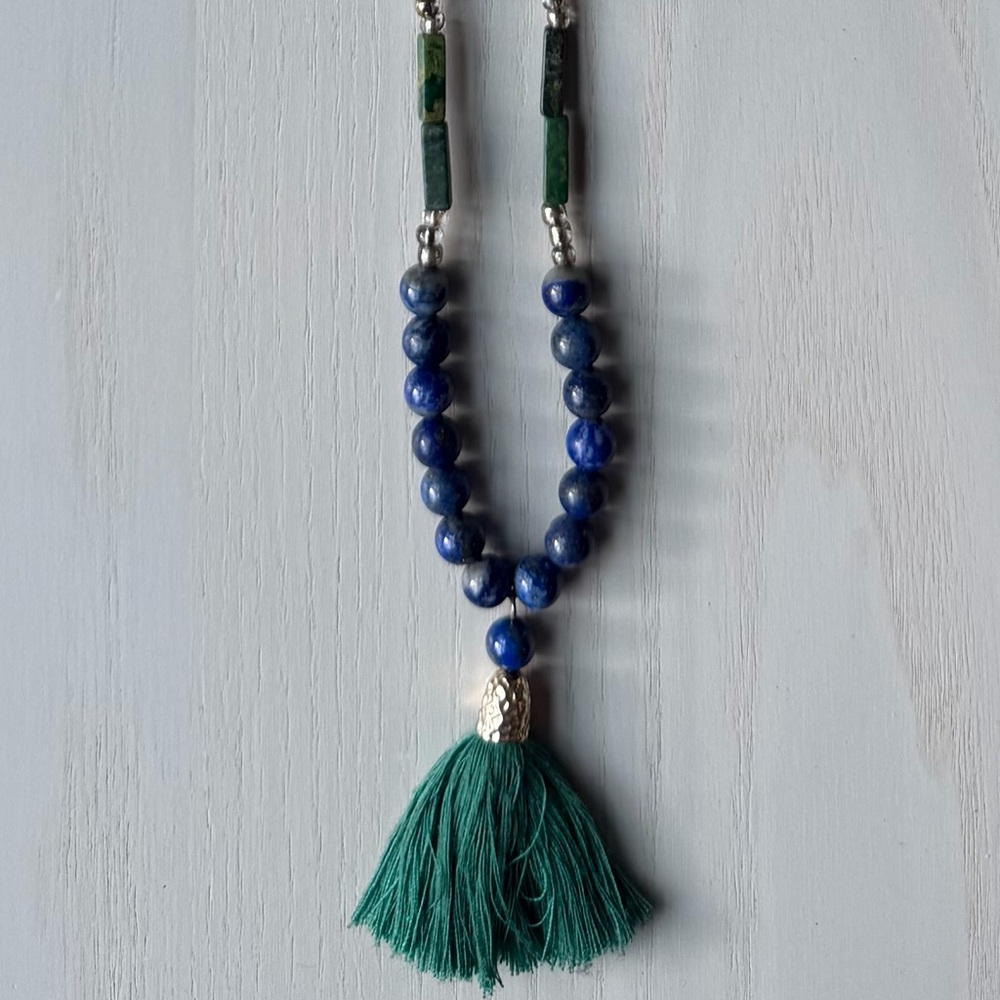 Blue Agate (or lapis) and Green Malachite Stone Necklace with Green Tassel